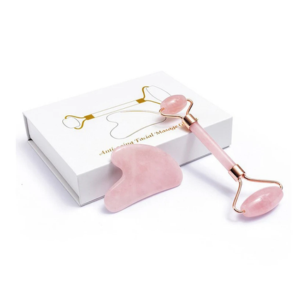 100% Natural Rose Quartz Roller Gua Sha Set