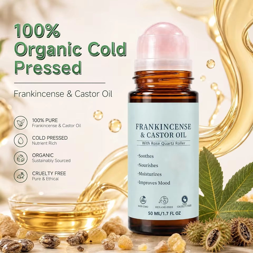 60Ml Nourishes Moisturizing Natural Cold Pressed Roll on Frankincense Castor Oil with Rose Quartz Roller for Skin Hair & Scalp