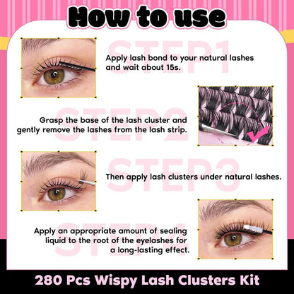 9-16mm DIY Lash Extension Kit: 280pcs Lash Clusters [Bond & Seal, Tweezers]