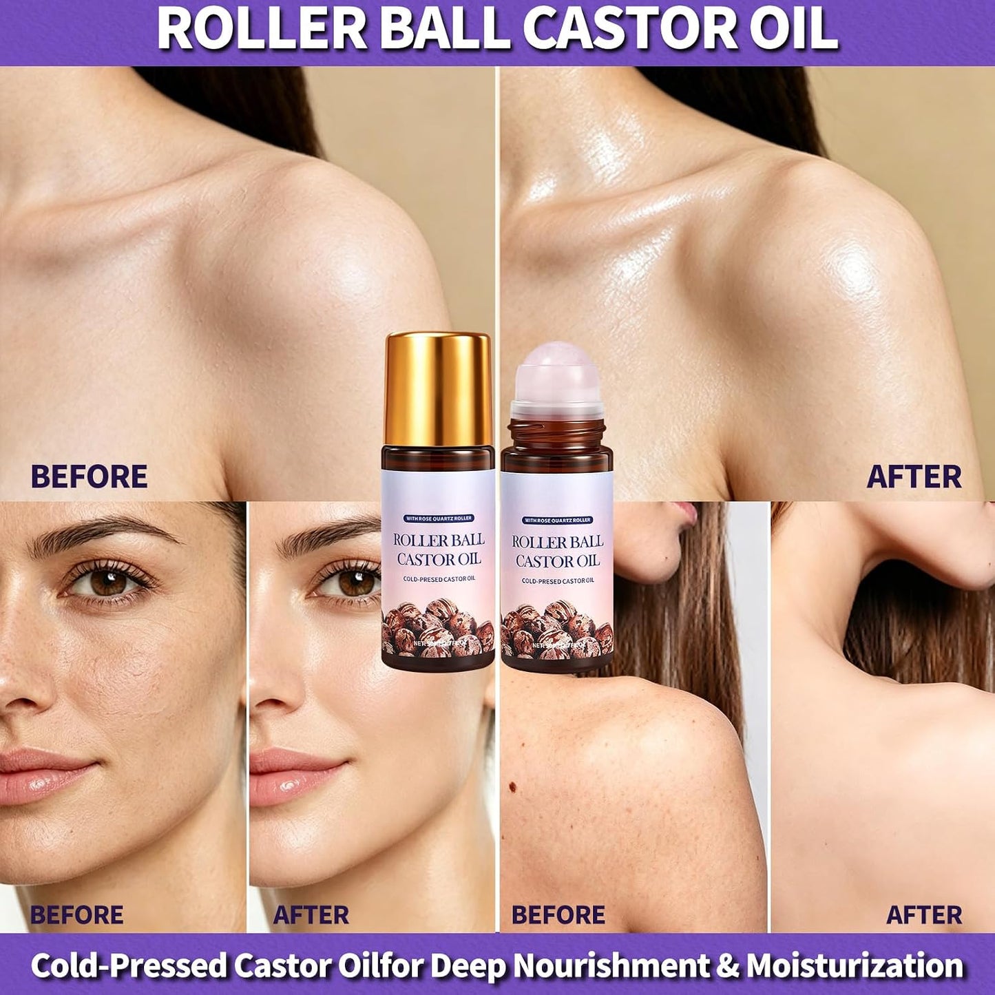Roller Ball Castor Oil with Rose Quartz Roller, Cold-Pressed Pure Castor Oil Roll on for Face, Body and Neck, Moisturizing and Nourishing for Skin 1.7Fl.Oz