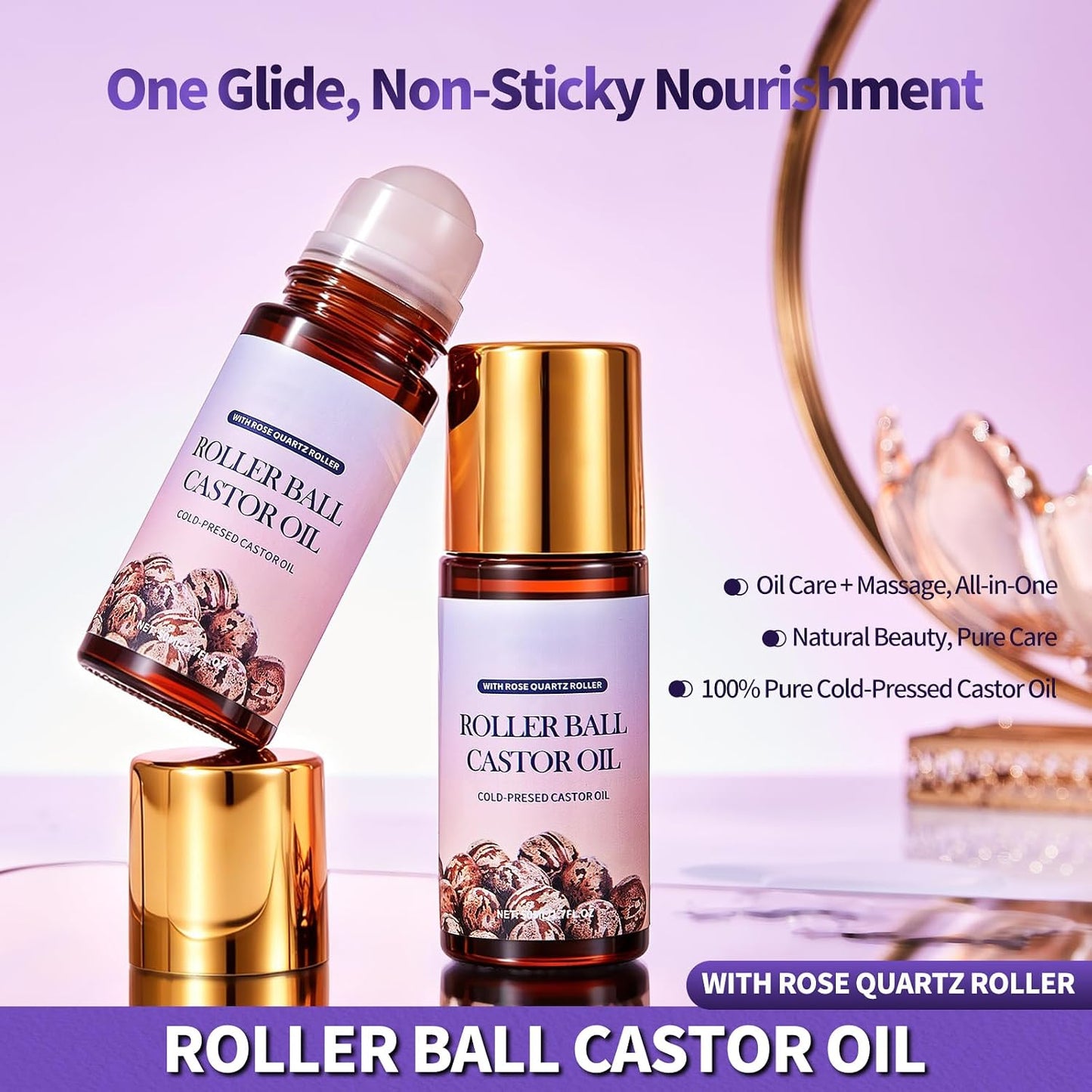 Roller Ball Castor Oil with Rose Quartz Roller, Cold-Pressed Pure Castor Oil Roll on for Face, Body and Neck, Moisturizing and Nourishing for Skin 1.7Fl.Oz