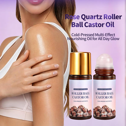 Roller Ball Castor Oil with Rose Quartz Roller, Cold-Pressed Pure Castor Oil Roll on for Face, Body and Neck, Moisturizing and Nourishing for Skin 1.7Fl.Oz
