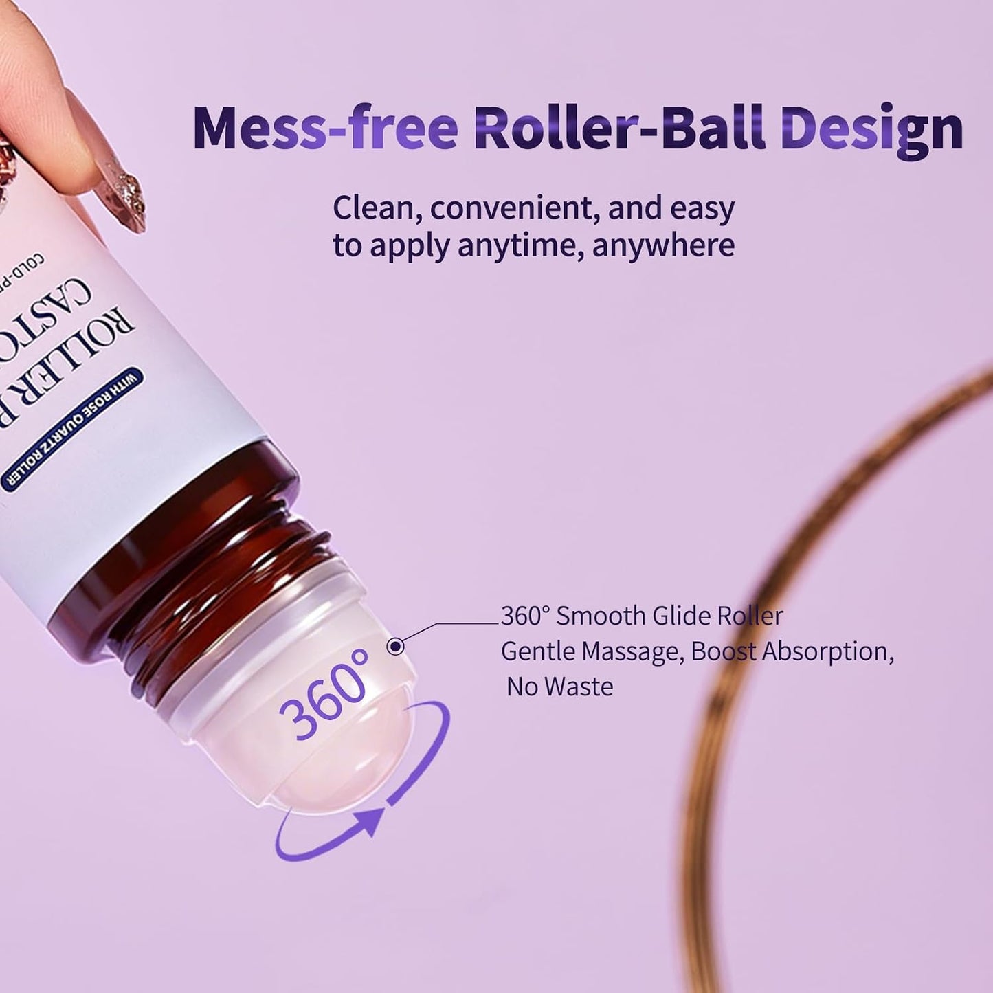 Roller Ball Castor Oil with Rose Quartz Roller, Cold-Pressed Pure Castor Oil Roll on for Face, Body and Neck, Moisturizing and Nourishing for Skin 1.7Fl.Oz