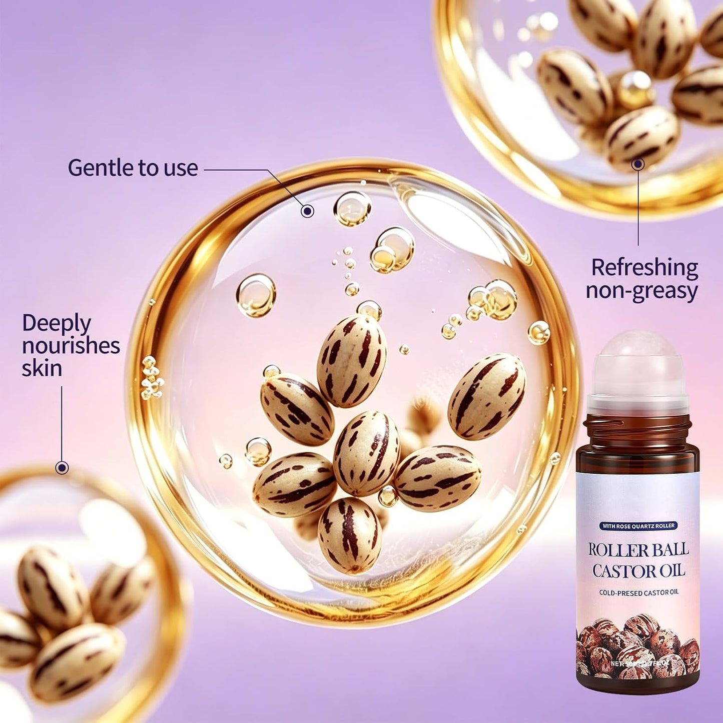 Roller Ball Castor Oil with Rose Quartz Roller, Cold-Pressed Pure Castor Oil Roll on for Face, Body and Neck, Moisturizing and Nourishing for Skin 1.7Fl.Oz