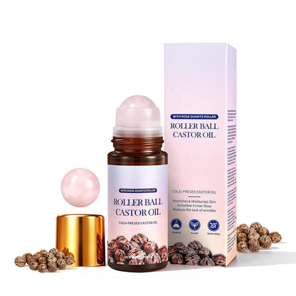 Roller Ball Castor Oil with Rose Quartz Roller, Cold-Pressed Pure Castor Oil Roll on for Face, Body and Neck, Moisturizing and Nourishing for Skin 1.7Fl.Oz