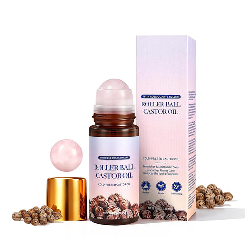 Roller Ball Castor Oil with Rose Quartz Roller, Cold-Pressed Pure Castor Oil Roll on for Face, Body and Neck, Moisturizing and Nourishing for Skin 1.7Fl.Oz