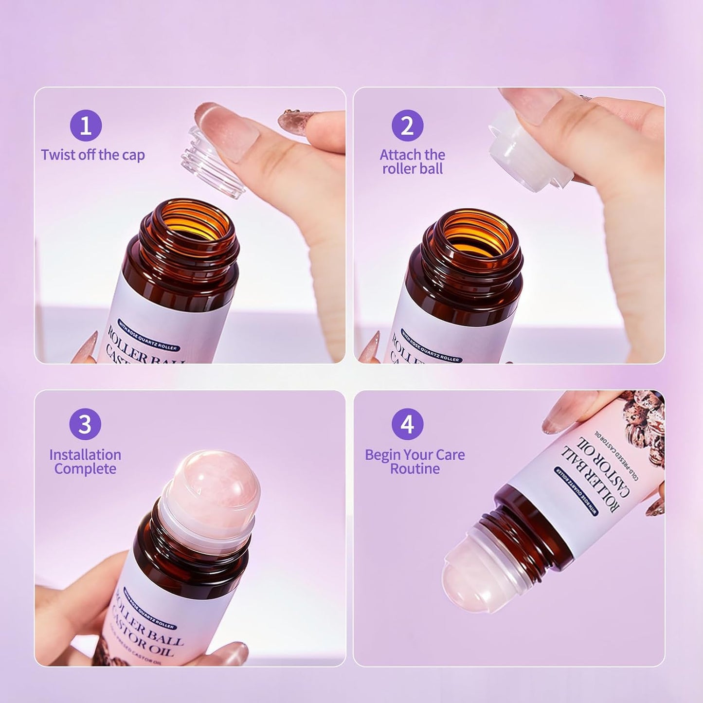 Roller Ball Castor Oil with Rose Quartz Roller, Cold-Pressed Pure Castor Oil Roll on for Face, Body and Neck, Moisturizing and Nourishing for Skin 1.7Fl.Oz