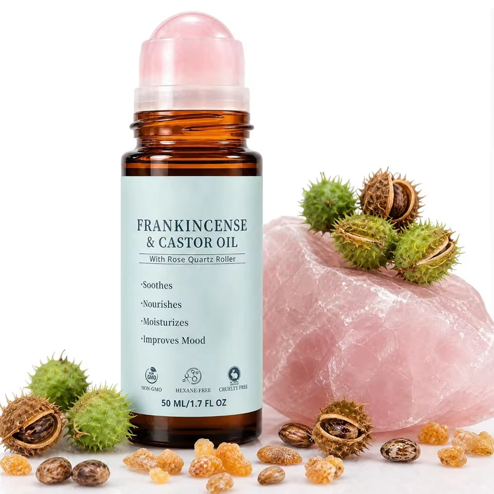 60Ml Nourishes Moisturizing Natural Cold Pressed Roll on Frankincense Castor Oil with Rose Quartz Roller for Skin Hair & Scalp