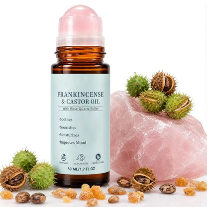 60Ml Nourishes Moisturizing Natural Cold Pressed Roll on Frankincense Castor Oil with Rose Quartz Roller for Skin Hair & Scalp